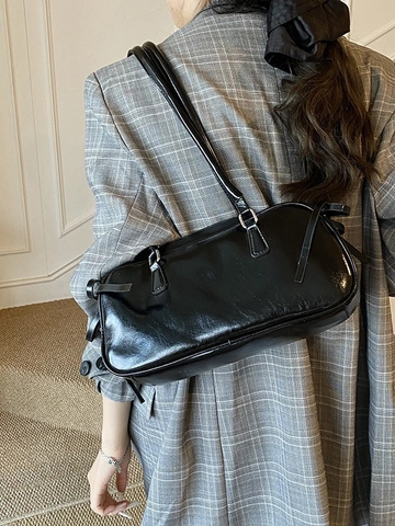 Bolso de Axila Retro de Cuero PU Brillante para Mujer Chic Boston Bolso de Hombro Con Lazo Decorativo Color Sólido Uso Diario
