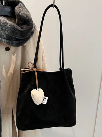 Women Vintage Suede Tote Bag Large Capacity Bucket Shoulder Bag With Plush Heart Charm Retro Commuter Handbag Solid Color
