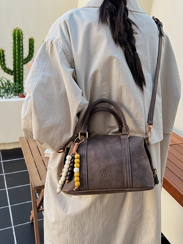 Women Retro PU Leather Crossbody Bag Simple Fashion Boston Pillow Bag Letter Embossed Handbag With Beaded Charm
