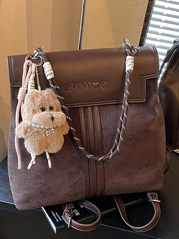 Sac à Dos Vintage en PU Suède Patchwork pour Femmes Style Preppy Coréen Sac d'École avec Charme d'Ours en Peluche