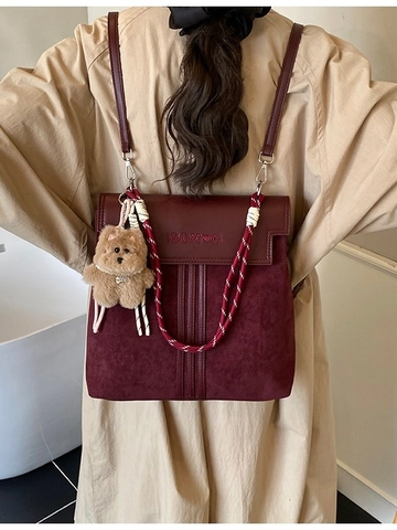 Sac à Dos Vintage en PU Suède Patchwork pour Femmes Style Preppy Coréen Sac d'École avec Charme d'Ours en Peluche