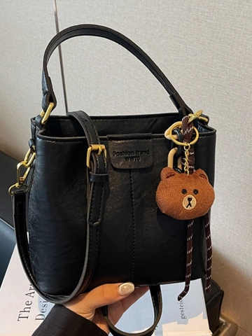 Borsa a Secchiello Retrò da Donna in Pelle PU Borsa a Tracolla Con Ciondolo a Orsetto Catena Decorazione Handbag Casual