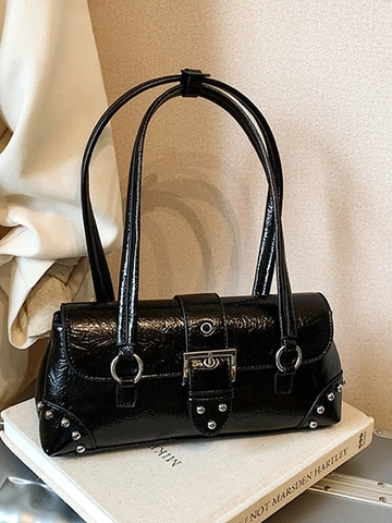 Retro PU Leder Achseltasche Für Damen Mit Großer Kapazität Nieten Silberschnalle Geknitterte Textur Mode Schultertasche