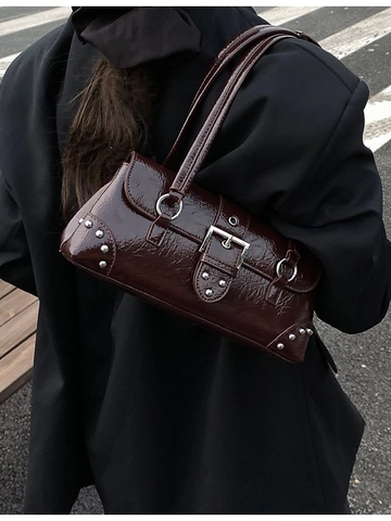 Retro PU Leder Achseltasche Für Damen Mit Großer Kapazität Nieten Silberschnalle Geknitterte Textur Mode Schultertasche