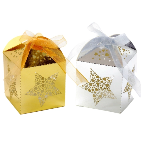 Hollow Pentagram Heart Candy Boxes Laser Cut Pearl Paper Gift Box With Ribbon For Wedding Party Celebration Souvenirs