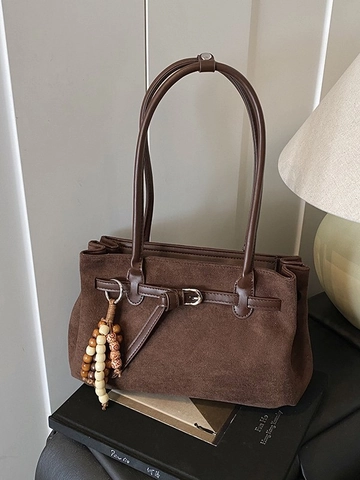 Bolso de Mano de Gamuza Retro para Mujer Gran Capacidad Bolso de Hombro Con Colgante de Cuentas de Madera Acabado Mate