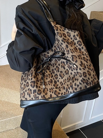 Sac Fourre-Tout Léopard de Grande Capacité pour Femmes Mode Sac à Bandoulière en Cuir PU Avec Décoration de Nœud Sac à Main