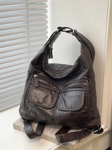 Sac à Dos en Cuir PU Grande Capacité Vintage pour Femmes Sac à Épaule Multifonctionnel Texture Lychee Voyage