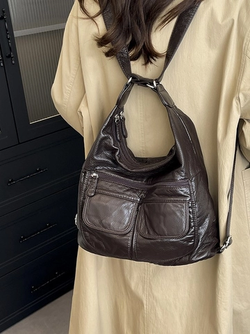 Sac à Dos en Cuir PU Grande Capacité Vintage pour Femmes Sac à Épaule Multifonctionnel Texture Lychee Voyage