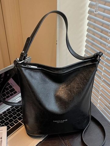 Bolso de Cubo de Cuero PU Vintage Gran Capacidad Color Sólido Bolso de Hombro Cruzado para Mujer Moda Casual