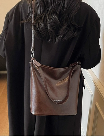Bolso de Cubo de Cuero PU Vintage Gran Capacidad Color Sólido Bolso de Hombro Cruzado para Mujer Moda Casual