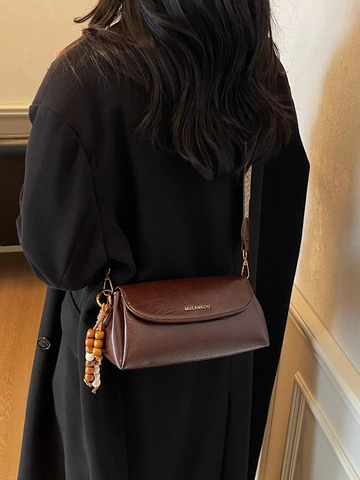 Bolso Bandolera de Cuero PU Vintage para Mujer Bolso de Hombro con Forma de Almohada con Correa Ancha Tejida y Colgante de Madera