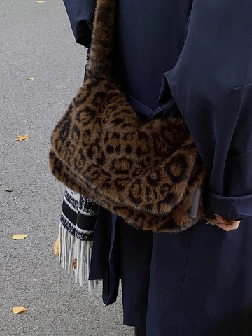 Bolso de Hombro de Peluche con Estampado de Leopardo de Moda Gran Capacidad Bolso Bandolera de Piel Sintética Otoño Invierno Bolso Tote Esponjoso
