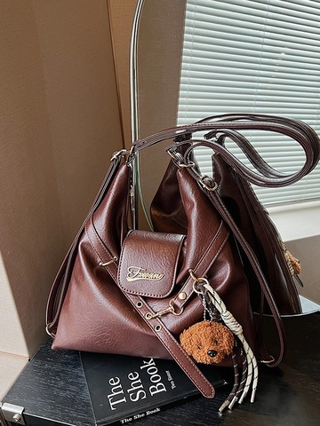 Retro PU Leather Backpack For Women Large Capacity Multi-functional Single Shoulder Bag Commuter Tote With Bear Pendant