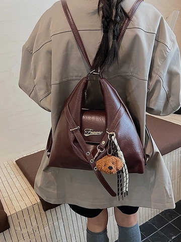 Retro PU Leather Backpack For Women Large Capacity Multi-functional Single Shoulder Bag Commuter Tote With Bear Pendant