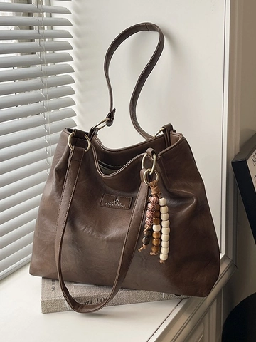 Vintage Women PU Leather Tote Bag Large Capacity Commuter Shoulder Bag With Wooden Bead Pendant Retro Underarm Handbag