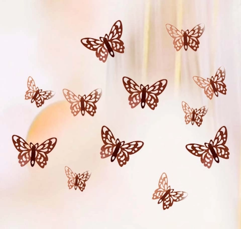 12Pcs 3D Hollow Paper Butterfly Wall Stickers Mirror Gold Silver Rose Gold Laser Cut Butterfly Decals For Wedding Party Home Decor