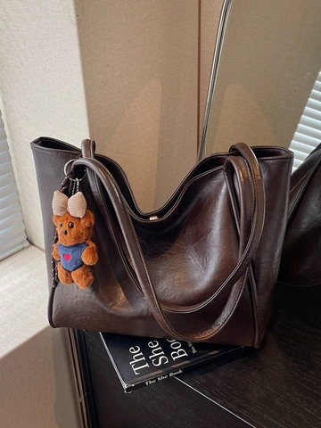 Bolso Tote de Cuero PU de Gran Capacidad Vintage para Mujer Bolso de Hombro Retro Minimalista Bolso de Mano de Viaje Diario Con Colgante de Oso