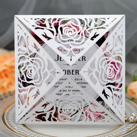 Laser Cut Rose Wedding Invitations Pearl Paper Hollow Floral Greeting Cards For Engagement Valentine's Day Party Cards
