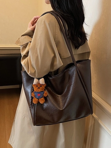 Bolso Tote de Cuero PU de Gran Capacidad Vintage para Mujer Bolso de Hombro Retro Minimalista Bolso de Mano de Viaje Diario Con Colgante de Oso
