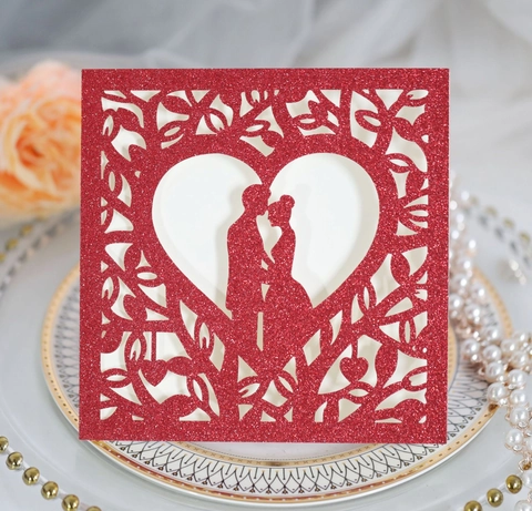 Laser Cut Wedding Invitations Glitter Hollow Heart Couple Silhouette Greeting Cards With Envelopes For Marriage Party Invitation