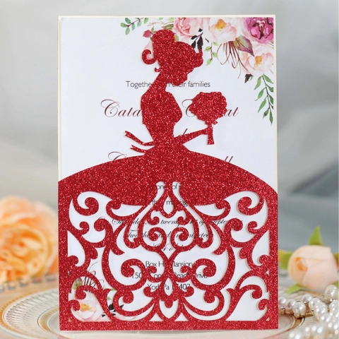 Glitter Paper Laser Cut Wedding Invitation Card With Bride Silhouette Pattern For Engagement Marriage Party Ceremony