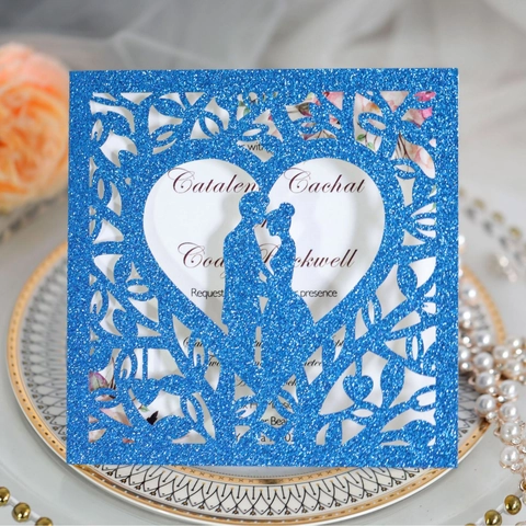 Laser Cut Wedding Invitations Glitter Hollow Heart Couple Silhouette Greeting Cards With Envelopes For Marriage Party Invitation