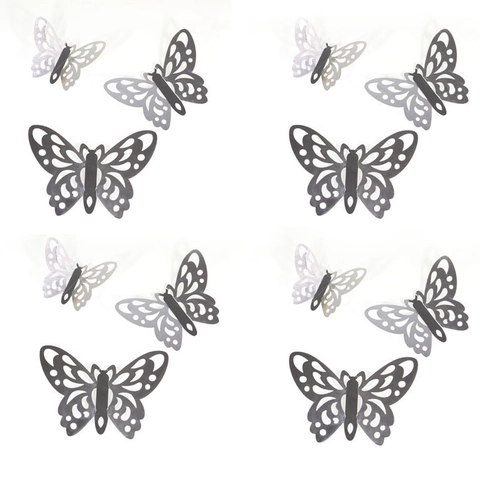 12Pcs 3D Hollow Paper Butterfly Wall Stickers Mirror Gold Silver Rose Gold Laser Cut Butterfly Decals For Wedding Party Home Decor