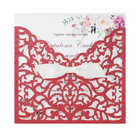 Elegant Glitter Laser Cut Wedding Invitations Ribbon Bow Floral Inner Card Envelopes For Marriage Engagement Birthday Party Greeting Cards