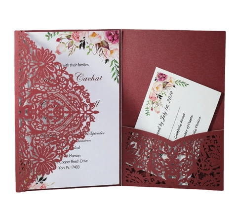Ensemble de Cartes d'Invitation de Mariage à Découpe Laser Invitation Creuse en Dentelle Florale Avec Carte RSVP et Page Intérieure Papier Kraft Perlé Invitation de Fête