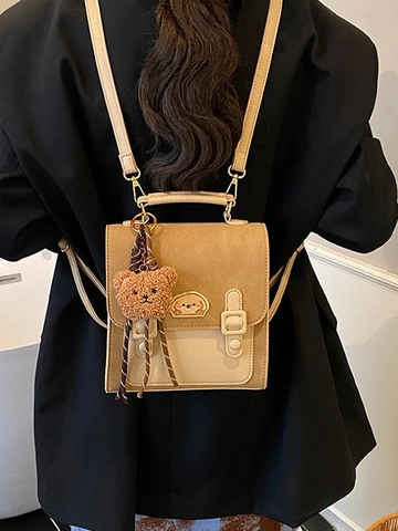 Dames Retro Mini Rugzak PU Leer Patchwork Handtas Met Schattige Beer Hanger Cartoon Hond Patch Schooltas Reistas
