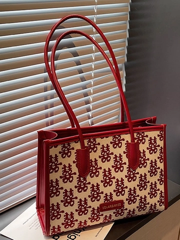 Borsa Tote da Matrimonio Rossa da Donna con Motivo Cinese Doppia Felicità Grande Capacità Borsa a Tracolla in Jacquard Rosso Beige