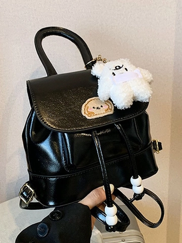 Fashion Women Mini PU Leather Backpack Vintage Contrast Stitching Cute Plush Bear Pendant Drawstring Bucket Bag For Student School Travel Daily