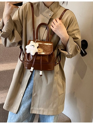 Fashion Women Mini PU Leather Backpack Vintage Contrast Stitching Cute Plush Bear Pendant Drawstring Bucket Bag For Student School Travel Daily