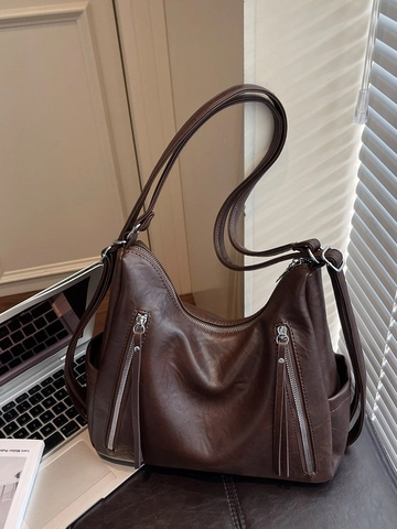 Women Vintage Large Capacity Tote Bag Soft PU Leather Shoulder Bag Retro Commuting Handbag With Tassel Zipper Pocket Office Bag
