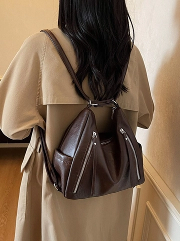 Women Vintage Large Capacity Tote Bag Soft PU Leather Shoulder Bag Retro Commuting Handbag With Tassel Zipper Pocket Office Bag