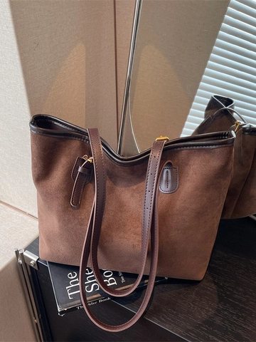 Vintage Suede Large Capacity Tote Bag For Women Minimalist Commuter Shoulder Bag Solid Color Casual Fashion Shopping Bag