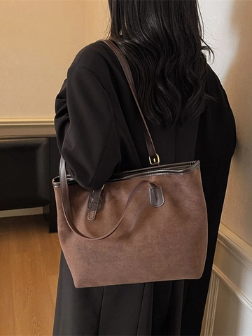 Vintage Suede Large Capacity Tote Bag For Women Minimalist Commuter Shoulder Bag Solid Color Casual Fashion Shopping Bag