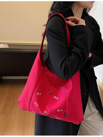Borsa a Tracolla Tote in Tela Grande da Donna Minimalista Coreana con Ricamo di Lettere Borsa Hobo con Tasca Frontale