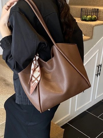 Borsa Tote Grande Da Donna In Pelle PU Grana Litchi Borsa A Tracolla Casual Minimalista Con Foulard In Seta Per Pendolari