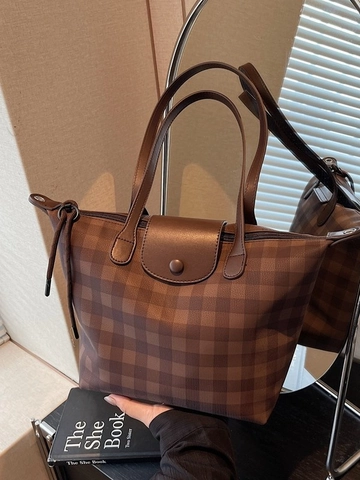 Sac Cabas à Carreaux pour Femme Grande Capacité Plaid en Cuir PU Sac à Main Navetteur Polyvalent Sac à Bandoulière Accessoire de Mode