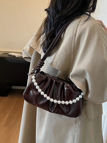 Bolso Bandolera de Cuero PU Fruncido para Mujer Con Cadena de Perlas Artificiales Retro Bolso de Axila Bolso de Mano Regalo