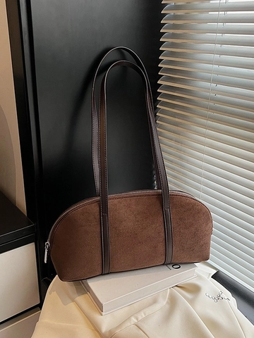 Vintage Faux Suede Underarm Bag For Women Fashion Solid Color Shoulder Handbag Retro Baguette Bag With Zipper Closure Minimalist Purse