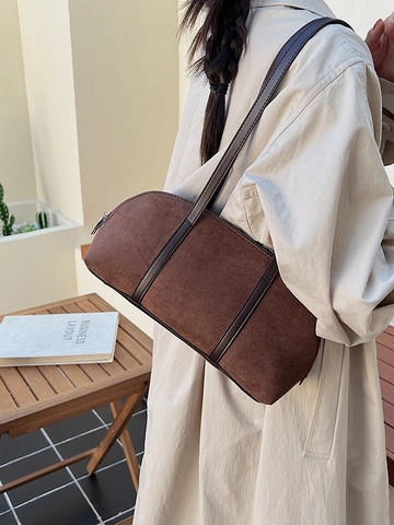 Vintage Faux Suede Underarm Bag For Women Fashion Solid Color Shoulder Handbag Retro Baguette Bag With Zipper Closure Minimalist Purse