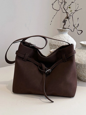 Sac Seau en Daim Minimaliste Avec Grande Capacité et Texture Mate Design Rétro Avec Boucle de Ceinture Décorative Pour Le Quotidien