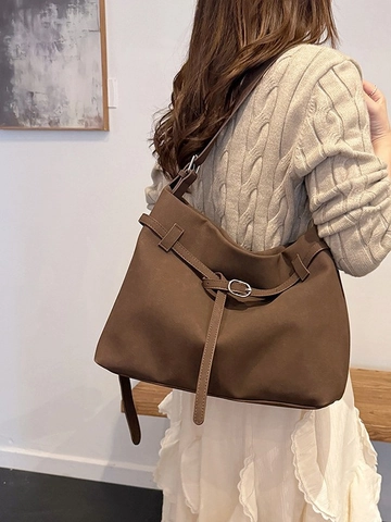 Sac Seau en Daim Minimaliste Avec Grande Capacité et Texture Mate Design Rétro Avec Boucle de Ceinture Décorative Pour Le Quotidien