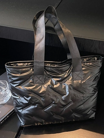 Large Capacity Quilted Tote Bag Lightweight Padded Shoulder Bag PU Leather Solid Color Handbag For Women Daily Travel Shopping
