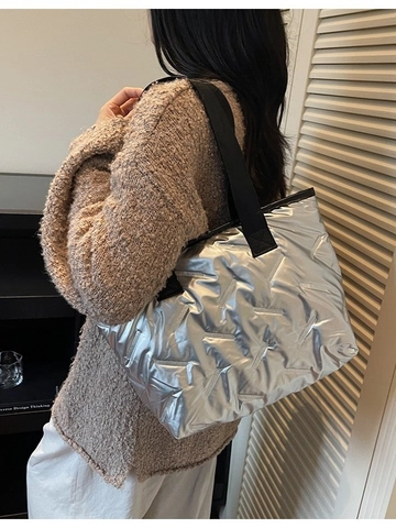 Large Capacity Quilted Tote Bag Lightweight Padded Shoulder Bag PU Leather Solid Color Handbag For Women Daily Travel Shopping