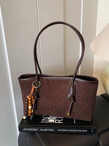 Sac sous le Bras Vintage Matelassé en Losange pour Femme en Cuir PU Aspect Daim Sac Fourre-tout avec Pendentif