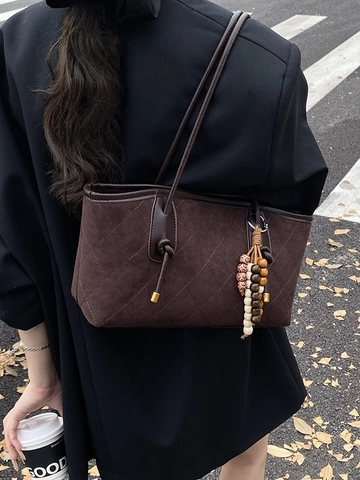 Sac sous le Bras Vintage Matelassé en Losange pour Femme en Cuir PU Aspect Daim Sac Fourre-tout avec Pendentif
